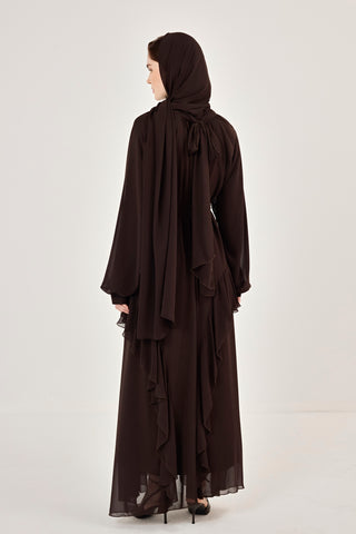 Reglan Kollu Eteği Kat Volanlı Şifon Elbise Kahverengi