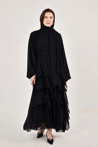 Reglan Kollu Eteği Kat Volanlı Şifon Elbise Siyah