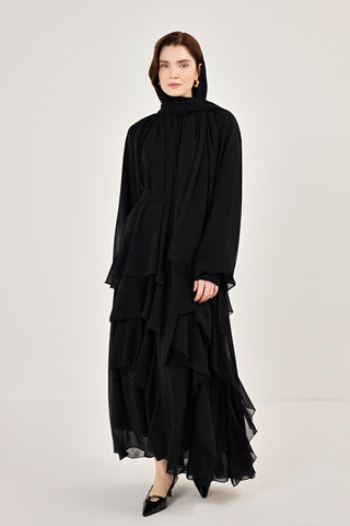 Reglan Kollu Eteği Kat Volanlı Şifon Elbise Siyah