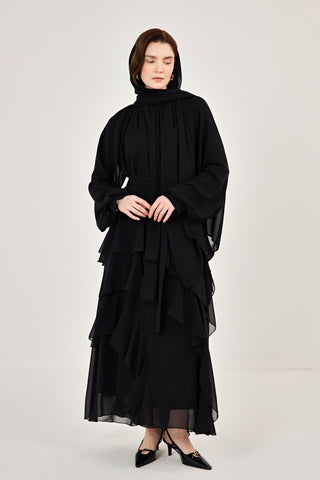 Reglan Kollu Eteği Kat Volanlı Şifon Elbise Siyah