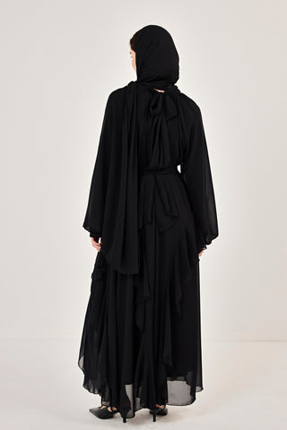 Reglan Kollu Eteği Kat Volanlı Şifon Elbise Siyah