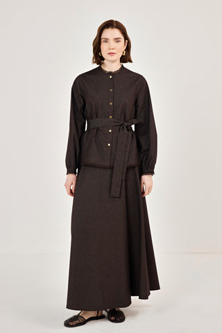 Dantel Detaylı Etekli Kot Takım Kahverengi