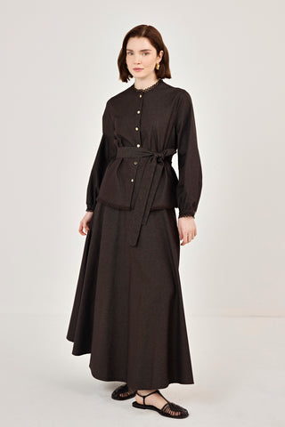 Dantel Detaylı Etekli Kot Takım Kahverengi