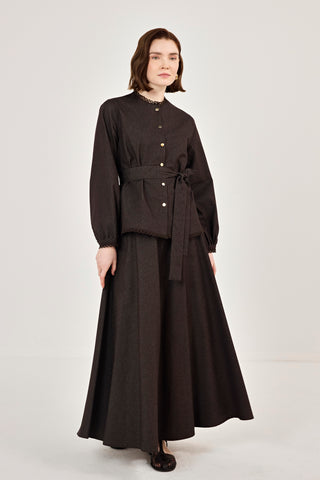 Dantel Detaylı Etekli Kot Takım Kahverengi