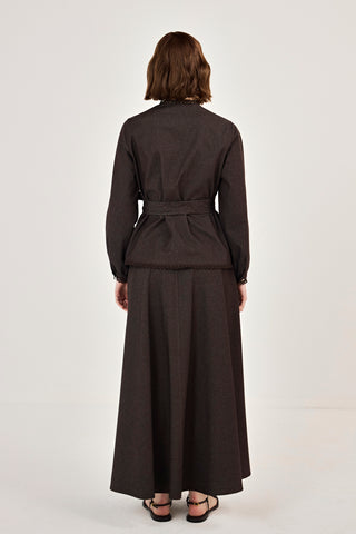 Dantel Detaylı Etekli Kot Takım Kahverengi