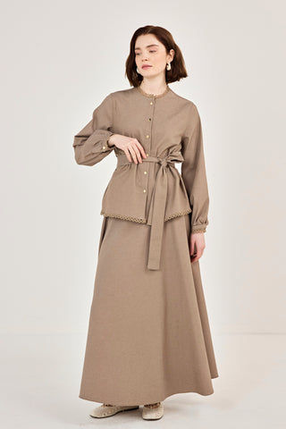 Dantel Detaylı Etekli Kot Takım Vizon