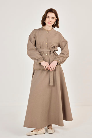 Dantel Detaylı Etekli Kot Takım Vizon