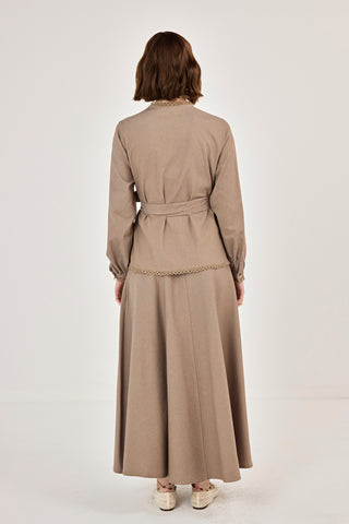 Dantel Detaylı Etekli Kot Takım Vizon