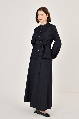 Dantel Detaylı Etekli Kot Takım Lacivert