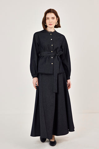 Dantel Detaylı Etekli Kot Takım Lacivert