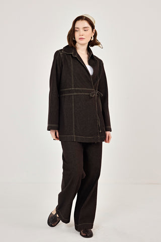 Kuruvaze Bağlamalı Ceket Pantolunlu Kot Takım Kahverengi