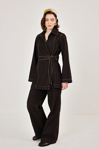 Kuruvaze Bağlamalı Ceket Pantolunlu Kot Takım Kahverengi