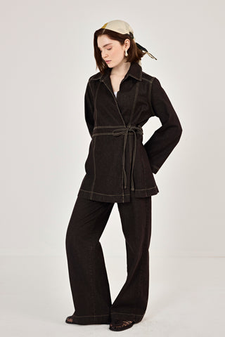 Kuruvaze Bağlamalı Ceket Pantolunlu Kot Takım Kahverengi