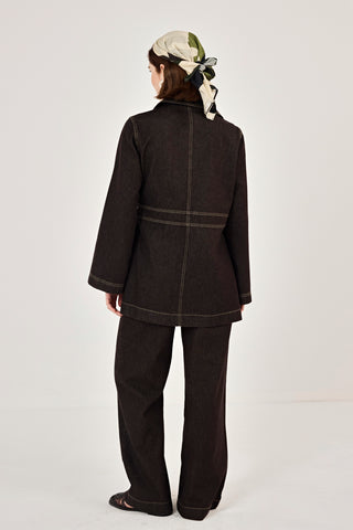 Kuruvaze Bağlamalı Ceket Pantolunlu Kot Takım Kahverengi