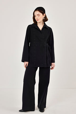 Kuruvaze Bağlamalı Ceket Pantolunlu Kot Takım Siyah