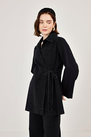 Kuruvaze Bağlamalı Ceket Pantolunlu Kot Takım Siyah