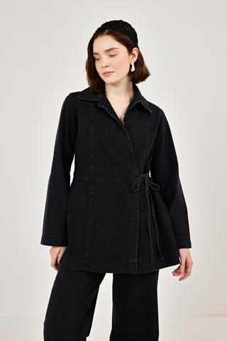 Kuruvaze Bağlamalı Ceket Pantolunlu Kot Takım Siyah