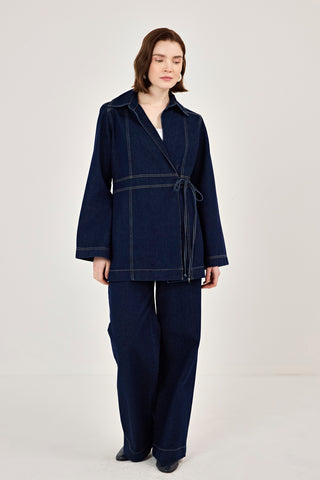 Kuruvaze Bağlamalı Ceket Pantolunlu Kot Takım Lacivert