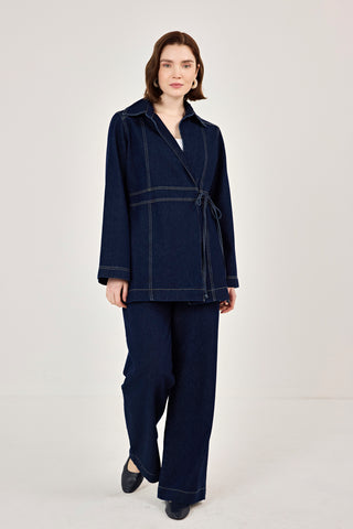 Kuruvaze Bağlamalı Ceket Pantolunlu Kot Takım Lacivert