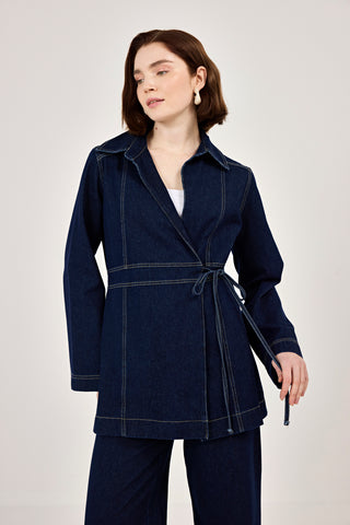 Kuruvaze Bağlamalı Ceket Pantolunlu Kot Takım Lacivert