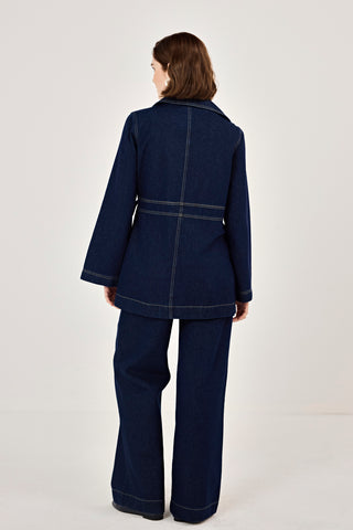 Kuruvaze Bağlamalı Ceket Pantolunlu Kot Takım Lacivert