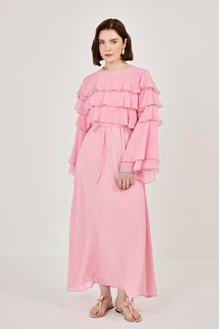 Robadan Fırfır Detaylı Biye Kemerli Şifon Elbise Pembe