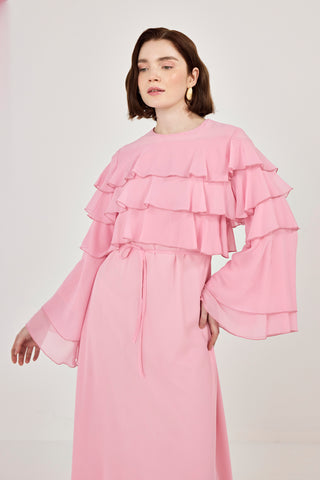 Robadan Fırfır Detaylı Biye Kemerli Şifon Elbise Pembe
