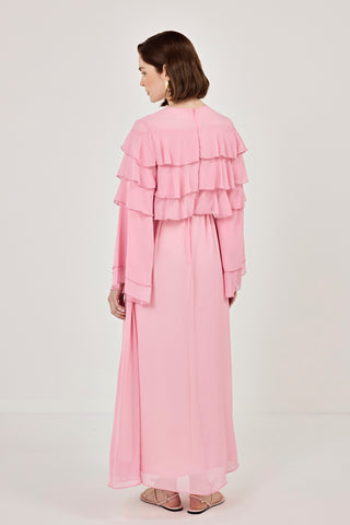 Robadan Fırfır Detaylı Biye Kemerli Şifon Elbise Pembe