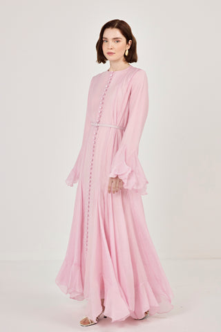İnce Tensel Volan Detaylı Boydan Düğmeli Elbise Pembe