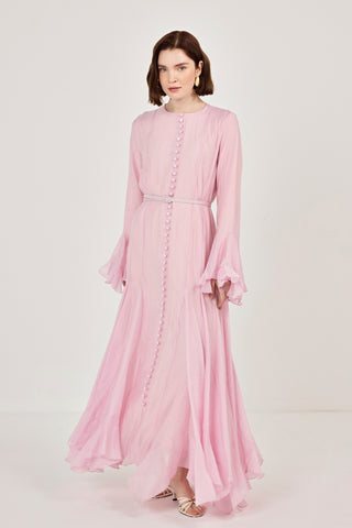 İnce Tensel Volan Detaylı Boydan Düğmeli Elbise Pembe