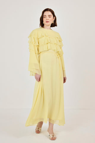 Robadan Fırfır Detaylı Biye Kemerli Şifon Elbise Sarı