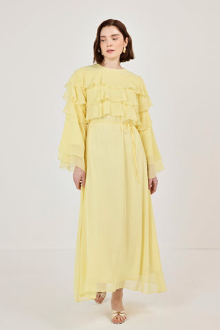 Robadan Fırfır Detaylı Biye Kemerli Şifon Elbise Sarı