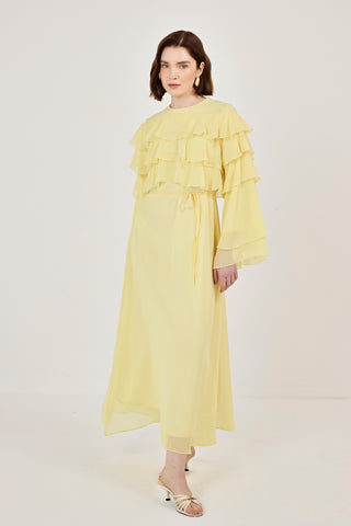Robadan Fırfır Detaylı Biye Kemerli Şifon Elbise Sarı
