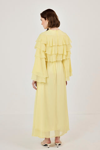 Robadan Fırfır Detaylı Biye Kemerli Şifon Elbise Sarı