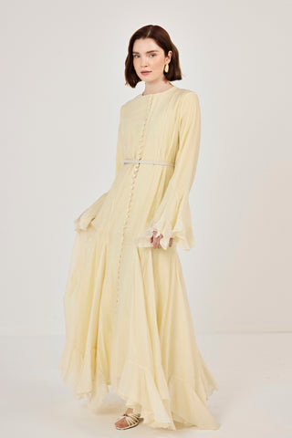 İnce Tensel Volan Detaylı Boydan Düğmeli Elbise Sarı