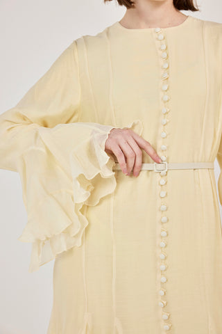 İnce Tensel Volan Detaylı Boydan Düğmeli Elbise Sarı