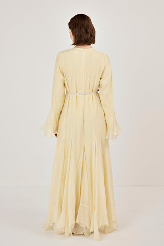 İnce Tensel Volan Detaylı Boydan Düğmeli Elbise Sarı