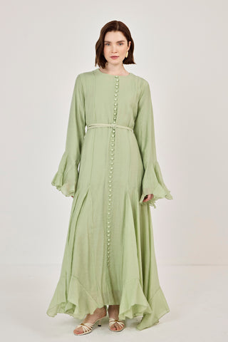 İnce Tensel Volan Detaylı Boydan Düğmeli Elbise Çağla Yeşili