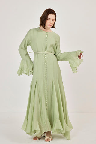 İnce Tensel Volan Detaylı Boydan Düğmeli Elbise Çağla Yeşili