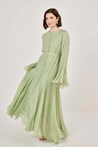 İnce Tensel Volan Detaylı Boydan Düğmeli Elbise Çağla Yeşili