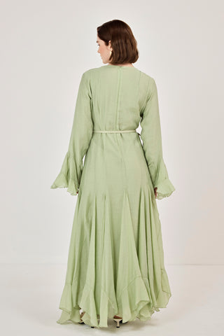 İnce Tensel Volan Detaylı Boydan Düğmeli Elbise Çağla Yeşili