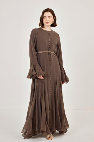 İnce Tensel Volan Detaylı Boydan Düğmeli Elbise Kahverengi