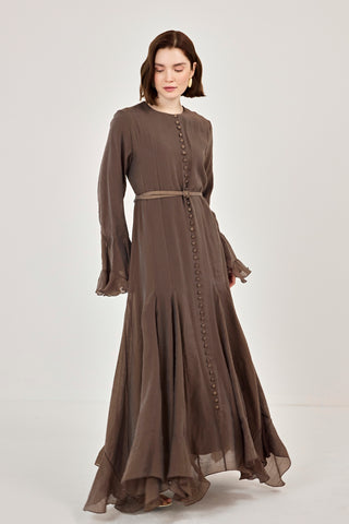 İnce Tensel Volan Detaylı Boydan Düğmeli Elbise Kahverengi