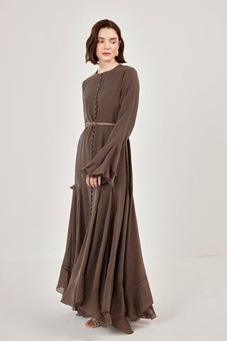 İnce Tensel Volan Detaylı Boydan Düğmeli Elbise Kahverengi