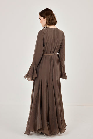 İnce Tensel Volan Detaylı Boydan Düğmeli Elbise Kahverengi