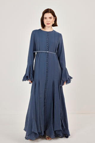 İnce Tensel Volan Detaylı Boydan Düğmeli Elbise Lacivert