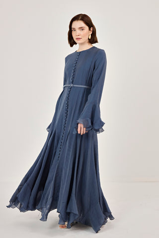 İnce Tensel Volan Detaylı Boydan Düğmeli Elbise Lacivert