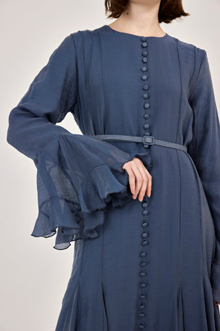 İnce Tensel Volan Detaylı Boydan Düğmeli Elbise Lacivert