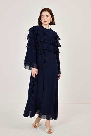 Robadan Fırfır Detaylı Biye Kemerli Şifon Elbise Lacivert