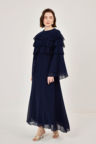 Robadan Fırfır Detaylı Biye Kemerli Şifon Elbise Lacivert